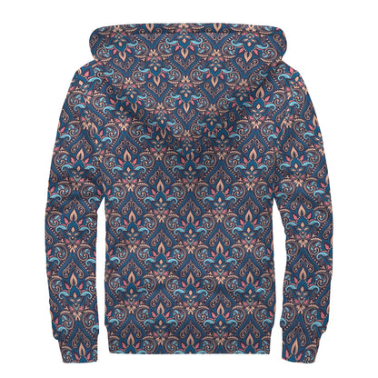 Damask Boho Pattern Print Sherpa Lined Zip Up Hoodie