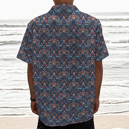 Damask Boho Pattern Print Textured Short Sleeve Shirt