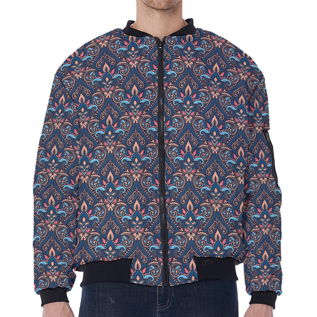 Damask Boho Pattern Print Zip Sleeve Bomber Jacket