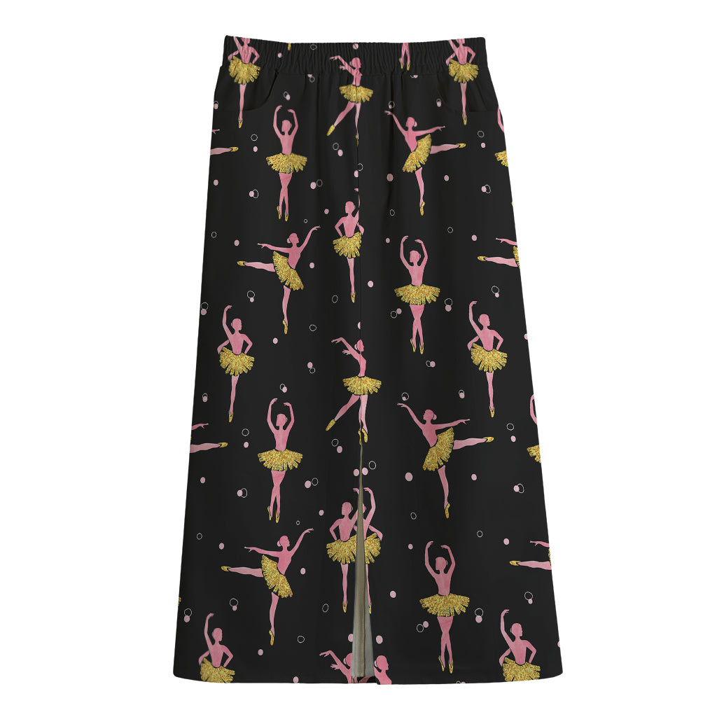 Dancing Ballet Pattern Print Cotton Front Slit Maxi Skirt