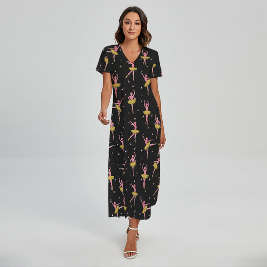 Dancing Ballet Pattern Print Short Sleeve Maxi Dress