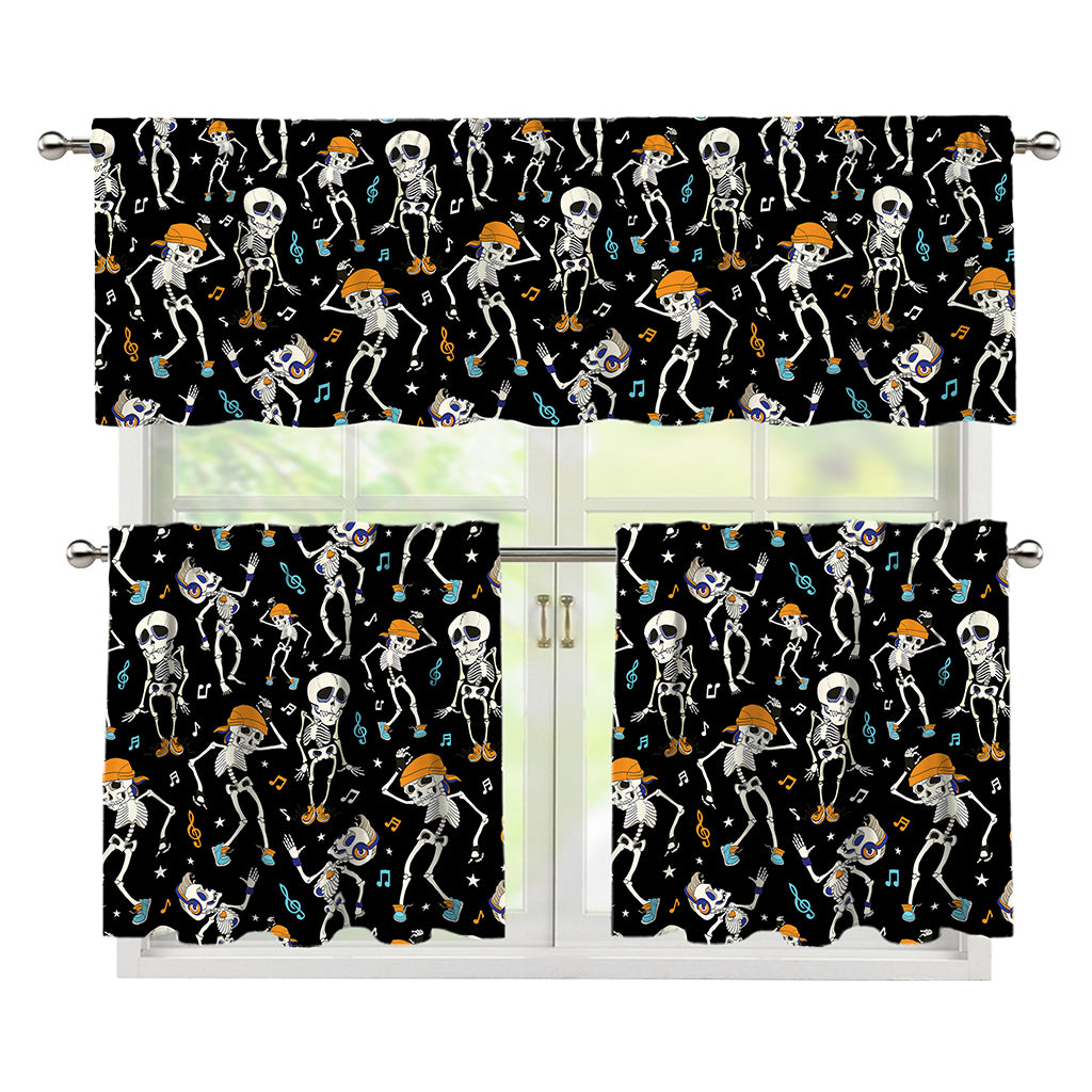 Dancing Skeleton Party Pattern Print 3 Piece Kitchen Curtains