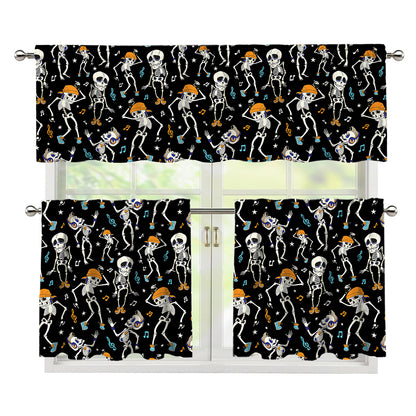 Dancing Skeleton Party Pattern Print 3 Piece Kitchen Curtains