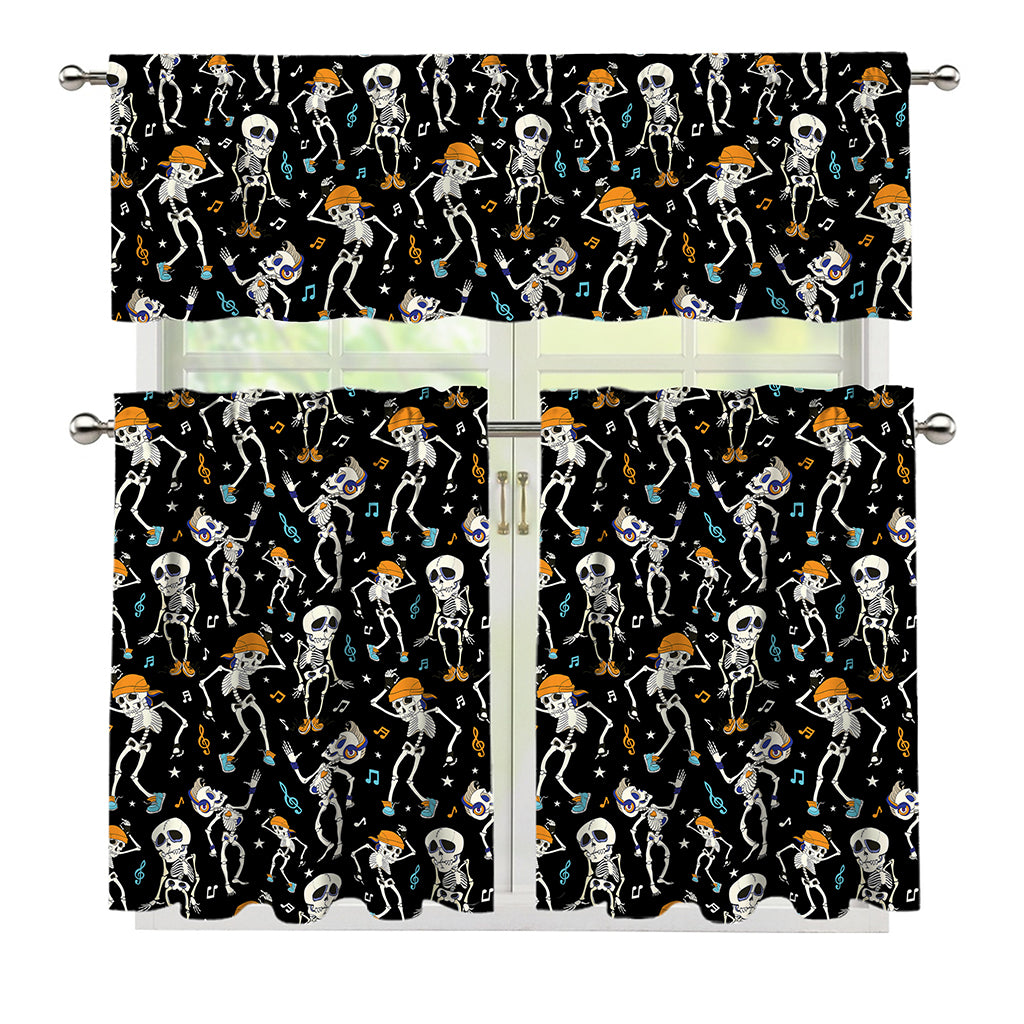 Dancing Skeleton Party Pattern Print 3 Piece Kitchen Curtains
