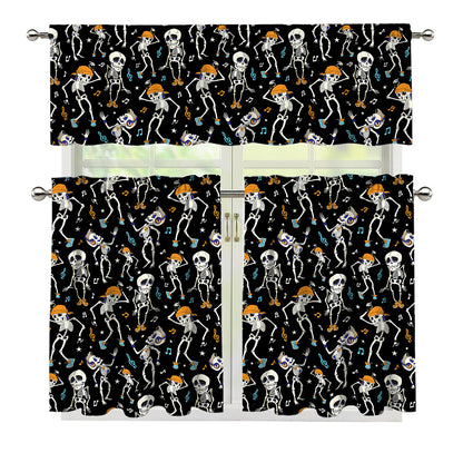 Dancing Skeleton Party Pattern Print 3 Piece Kitchen Curtains