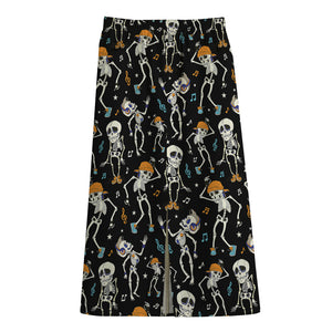 Dancing Skeleton Party Pattern Print Cotton Front Slit Maxi Skirt