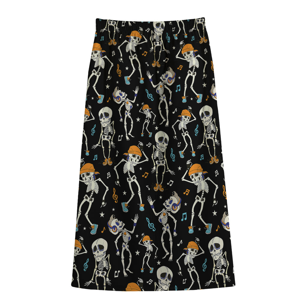 Dancing Skeleton Party Pattern Print Cotton Front Slit Maxi Skirt