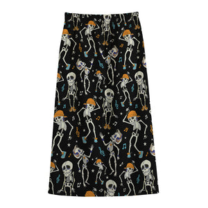 Dancing Skeleton Party Pattern Print Cotton Front Slit Maxi Skirt