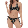 Dancing Skeleton Party Pattern Print Halter Scoop Tie Side Bikini