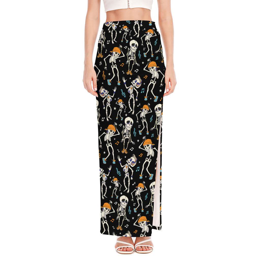 Dancing Skeleton Party Pattern Print High Slit Maxi Skirt