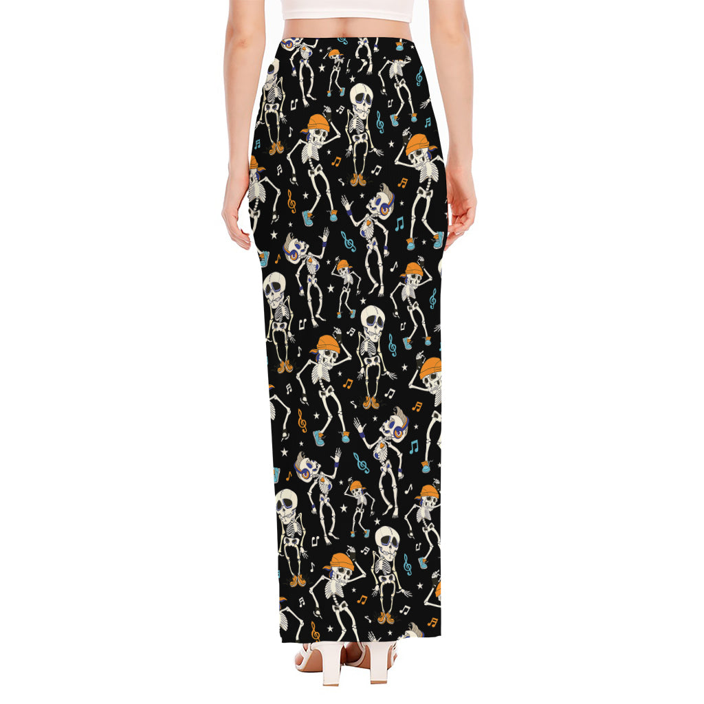 Dancing Skeleton Party Pattern Print High Slit Maxi Skirt