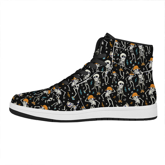Dancing Skeleton Party Pattern Print High Top Leather Sneakers