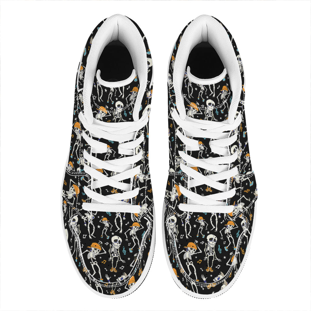 Dancing Skeleton Party Pattern Print High Top Leather Sneakers