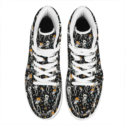 Dancing Skeleton Party Pattern Print High Top Leather Sneakers