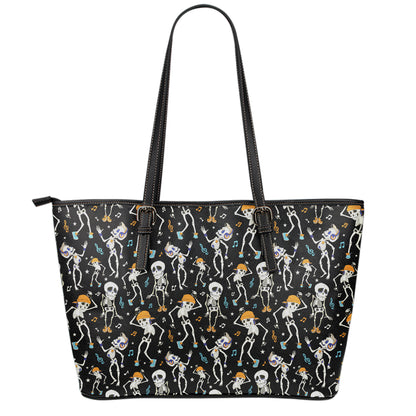 Dancing Skeleton Party Pattern Print Leather Tote Bag
