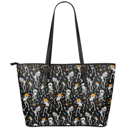 Dancing Skeleton Party Pattern Print Leather Tote Bag