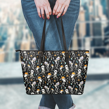 Dancing Skeleton Party Pattern Print Leather Tote Bag