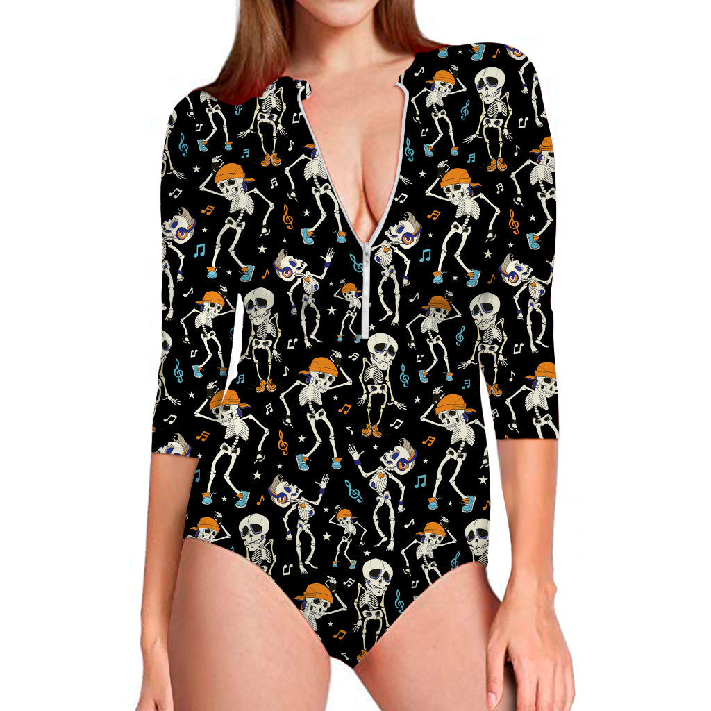 Dancing Skeleton Party Pattern Print Long Sleeve Swimsuit