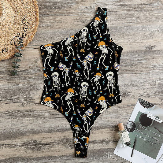 Dancing Skeleton Party Pattern Print One Shoulder Bodysuit