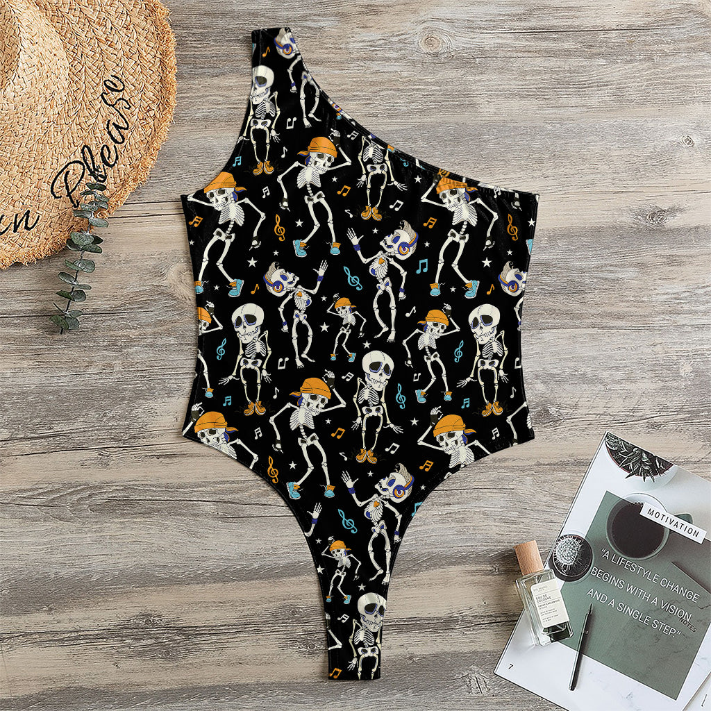 Dancing Skeleton Party Pattern Print One Shoulder Bodysuit