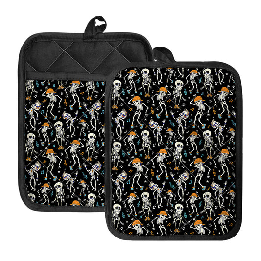 Dancing Skeleton Party Pattern Print Pot Holders With Pocket