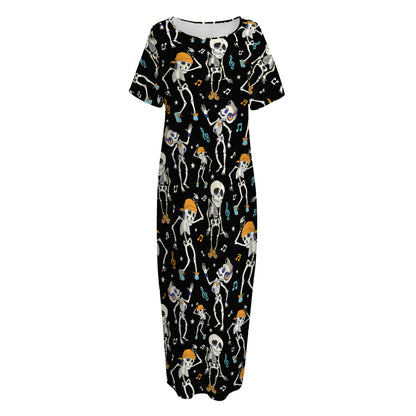 Dancing Skeleton Party Pattern Print Short Sleeve Long Nightdress
