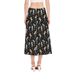 Dancing Skeleton Party Pattern Print Side Slit Midi Skirt