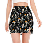 Dancing Skeleton Party Pattern Print Side Slit Mini Skirt