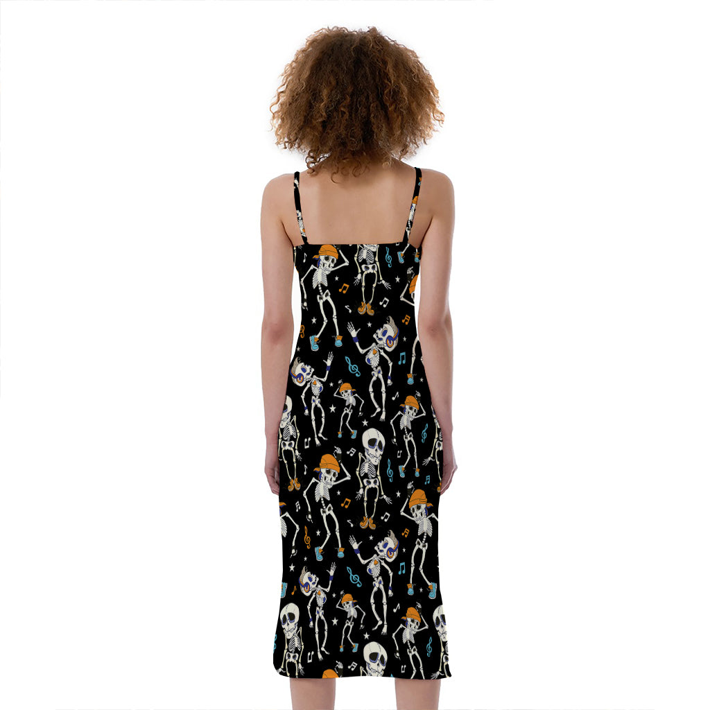 Dancing Skeleton Party Pattern Print Slim Fit Midi Cami Dress