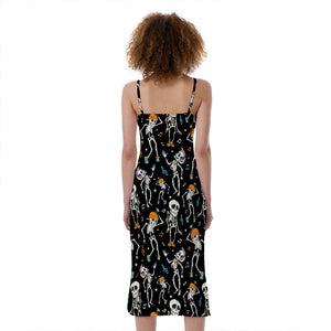 Dancing Skeleton Party Pattern Print Slim Fit Midi Cami Dress