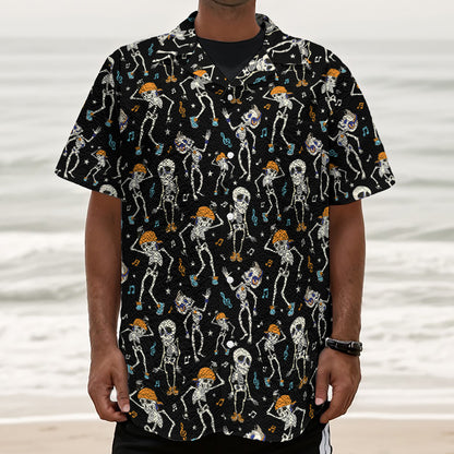 Dancing Skeleton Party Pattern Print Textured Short Sleeve Shirt