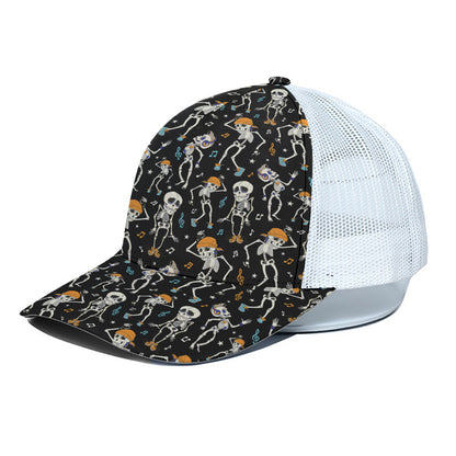 Dancing Skeleton Party Pattern Print White Mesh Trucker Cap