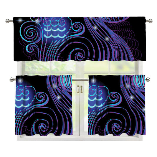 Dark Aquarius Zodiac Sign Print 3 Piece Kitchen Curtains