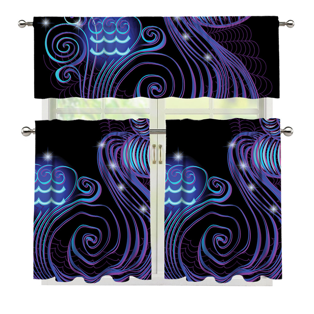 Dark Aquarius Zodiac Sign Print 3 Piece Kitchen Curtains