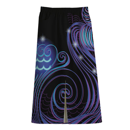 Dark Aquarius Zodiac Sign Print Cotton Front Slit Maxi Skirt