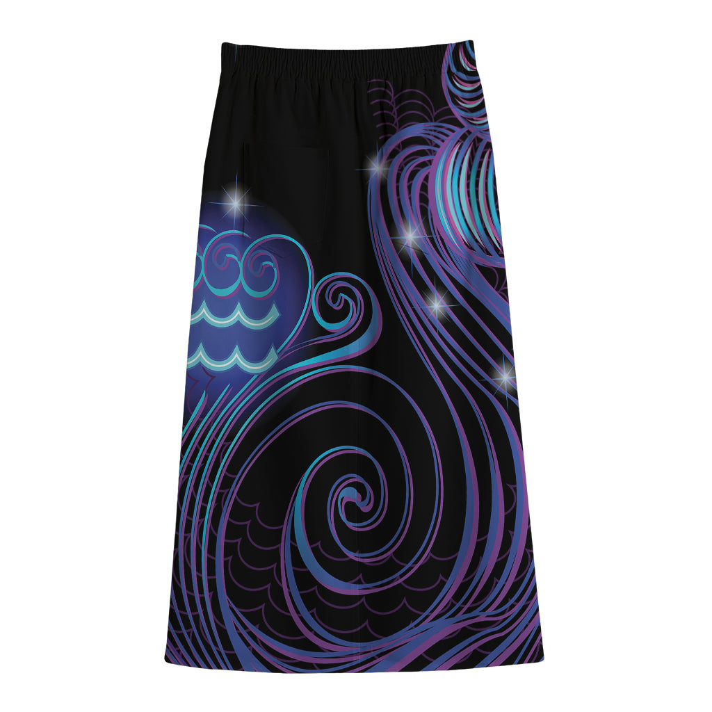 Dark Aquarius Zodiac Sign Print Cotton Front Slit Maxi Skirt