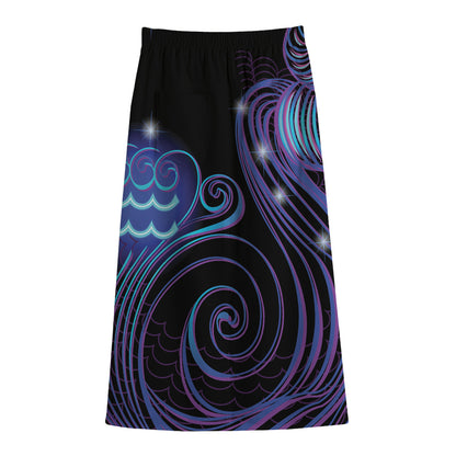 Dark Aquarius Zodiac Sign Print Cotton Front Slit Maxi Skirt