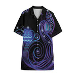 Dark Aquarius Zodiac Sign Print Cotton Hawaiian Shirt