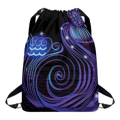 Dark Aquarius Zodiac Sign Print Drawstring Backpack