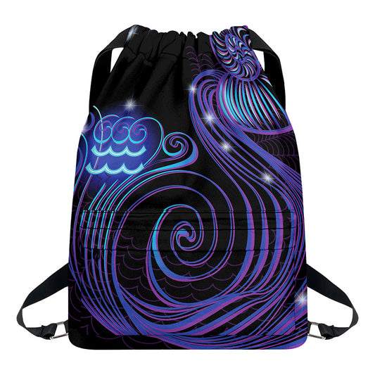 Dark Aquarius Zodiac Sign Print Drawstring Backpack