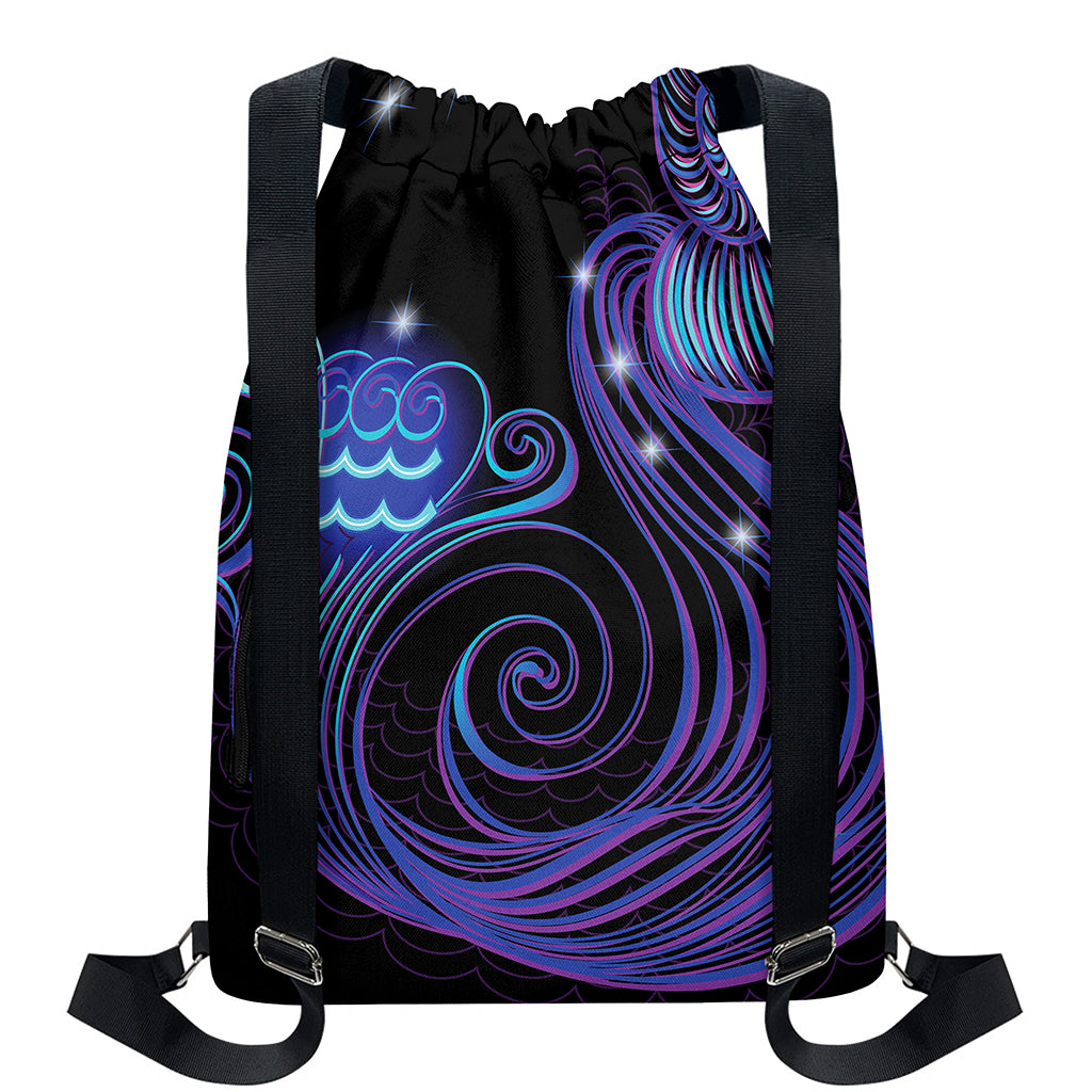 Dark Aquarius Zodiac Sign Print Drawstring Backpack