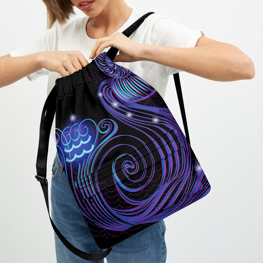 Dark Aquarius Zodiac Sign Print Drawstring Backpack