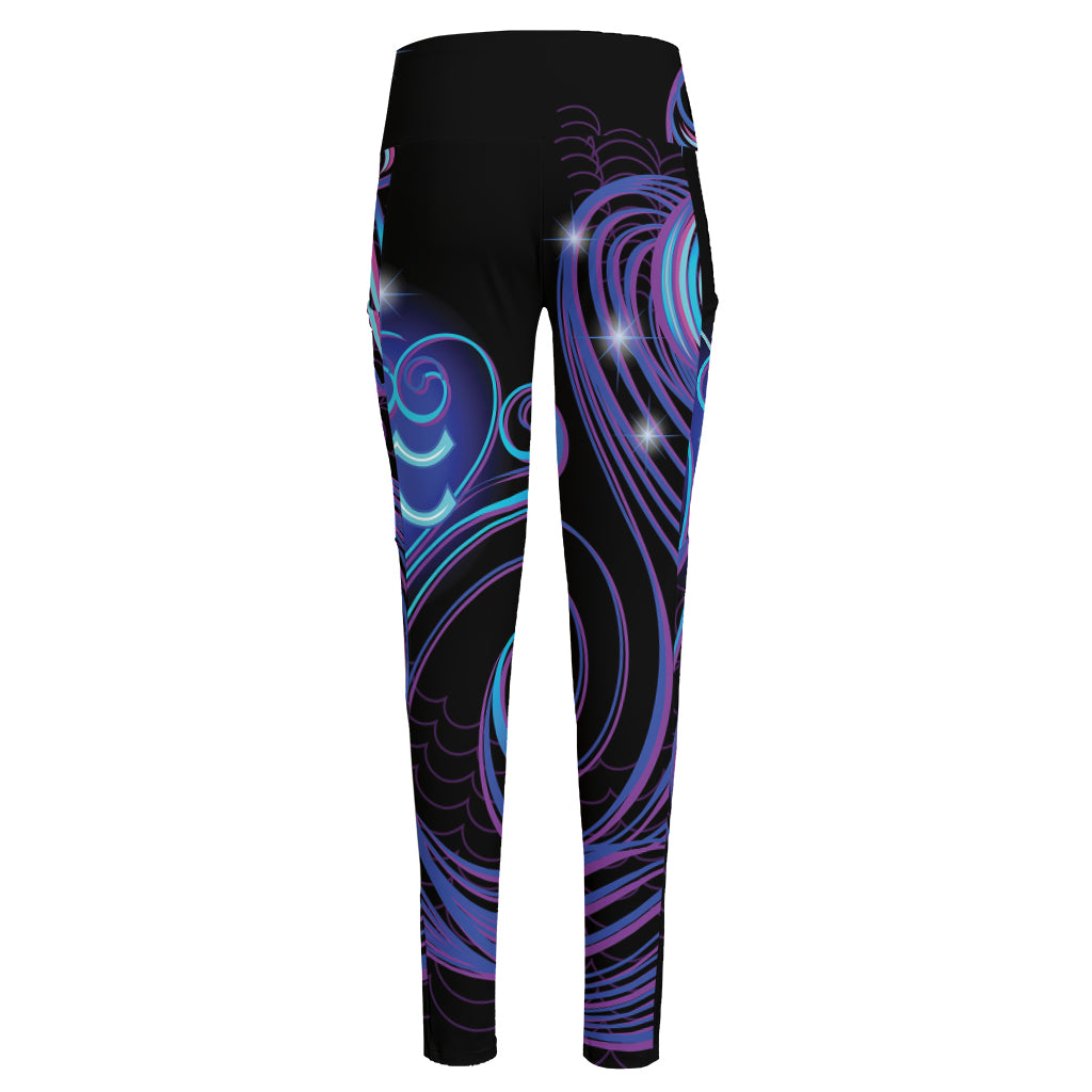 Dark Aquarius Zodiac Sign Print High-Waisted Pocket Leggings