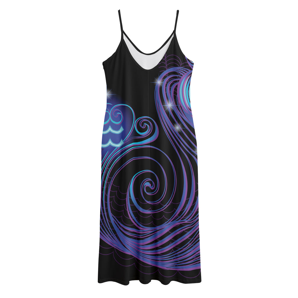 Dark Aquarius Zodiac Sign Print Jersey Midi Cami Dress