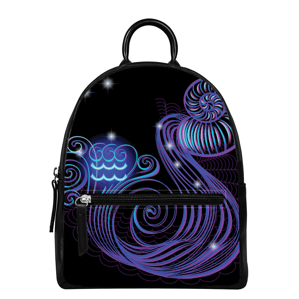 Dark Aquarius Zodiac Sign Print Leather Backpack