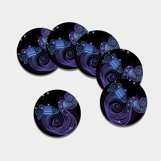Dark Aquarius Zodiac Sign Print Leather Coaster Set
