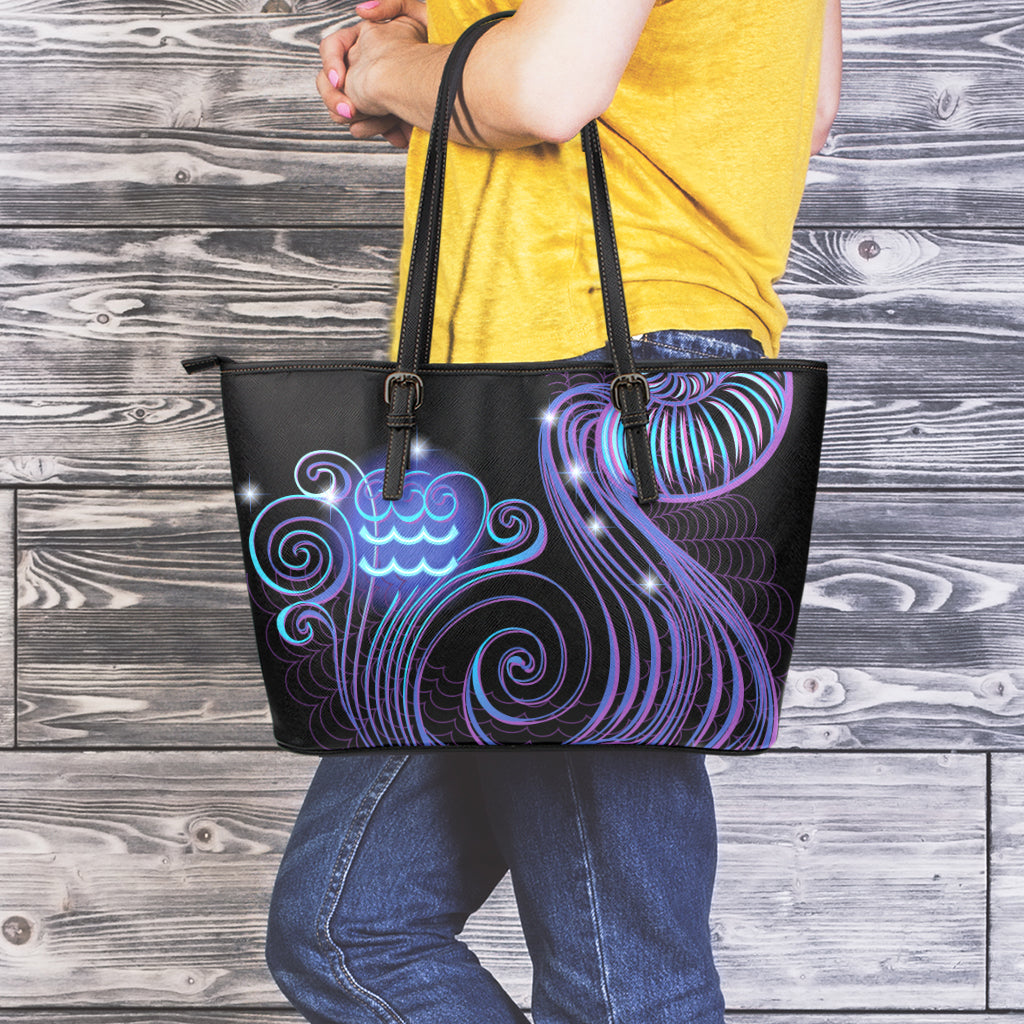 Dark Aquarius Zodiac Sign Print Leather Tote Bag
