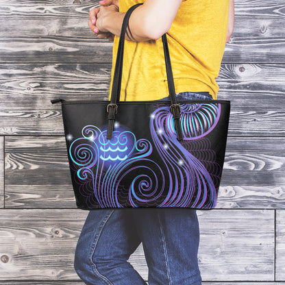 Dark Aquarius Zodiac Sign Print Leather Tote Bag