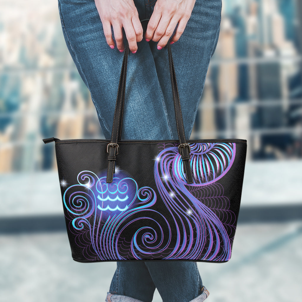 Dark Aquarius Zodiac Sign Print Leather Tote Bag