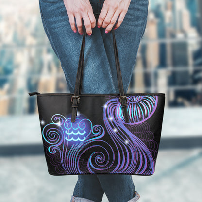 Dark Aquarius Zodiac Sign Print Leather Tote Bag